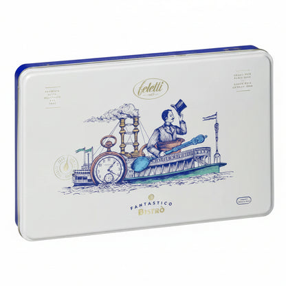 Scatola in latta bianca e blu Feletti Fantastico Bistrò con illustrazione vintage di un battello steampunk e dettagli dorati su sfondo bianco