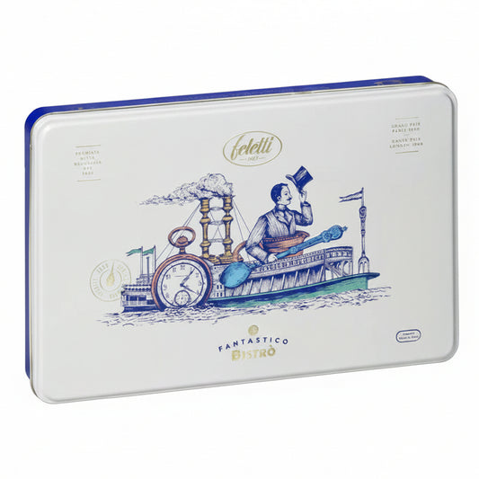 Scatola in latta bianca e blu Feletti Fantastico Bistrò con illustrazione vintage di un battello steampunk e dettagli dorati su sfondo bianco