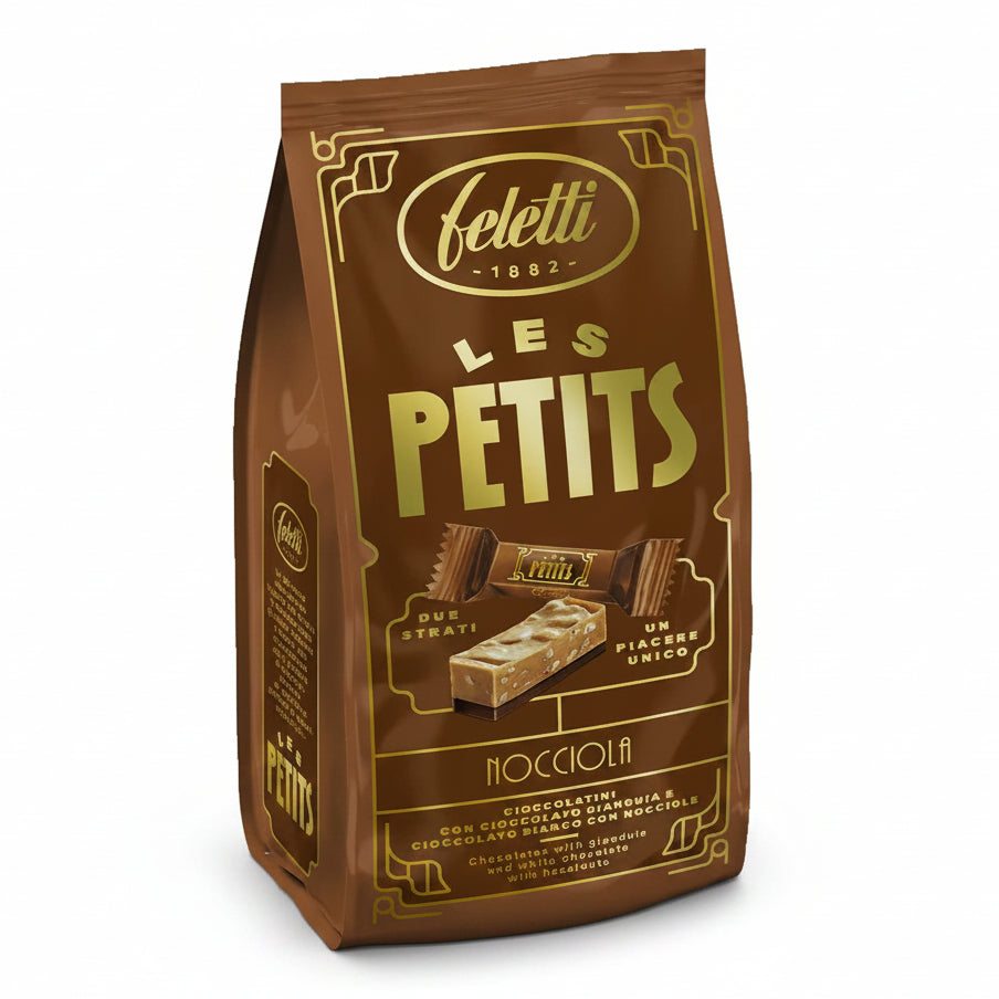 Confezione marrone e oro di cioccolatini Feletti Les Petits Nocciola con grafica dei due strati di cioccolato gianduja e bianco con nocciole su sfondo bianco