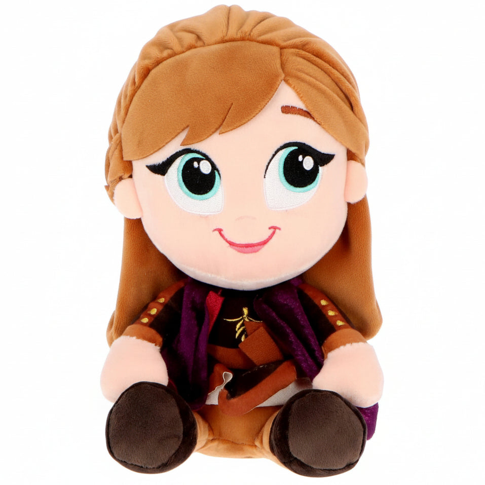 Peluche morbido di Anna da Disney Frozen con capelli rossi acconciati, vestito marrone e mantella viola