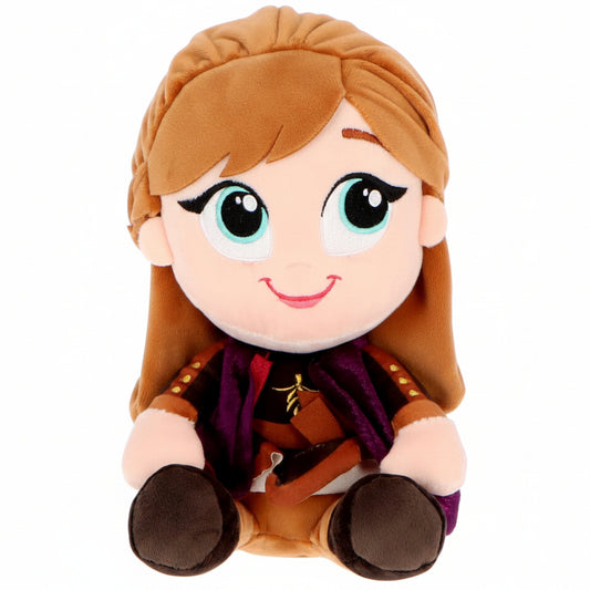Peluche morbido di Anna da Disney Frozen con capelli rossi acconciati, vestito marrone e mantella viola