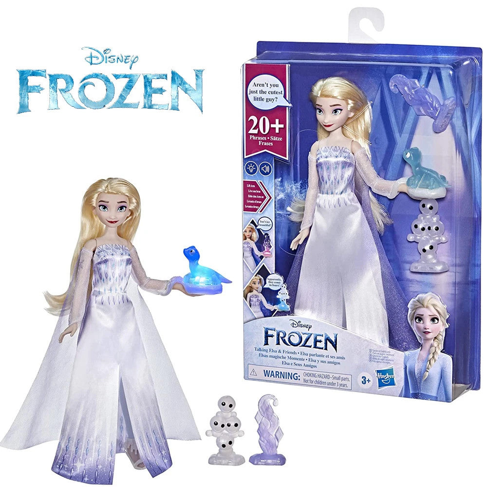 Bambola di Elsa da Disney Frozen con abito bianco e viola, accompagnata dalla confezione originale Hasbro, la salamandrina Bruni luminosa, i piccoli snowgie e accessori di ghiaccio