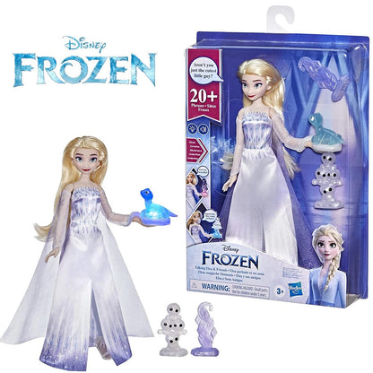 Bambola di Elsa da Disney Frozen con abito bianco e viola, accompagnata dalla confezione originale Hasbro, la salamandrina Bruni luminosa, i piccoli snowgie e accessori di ghiaccio