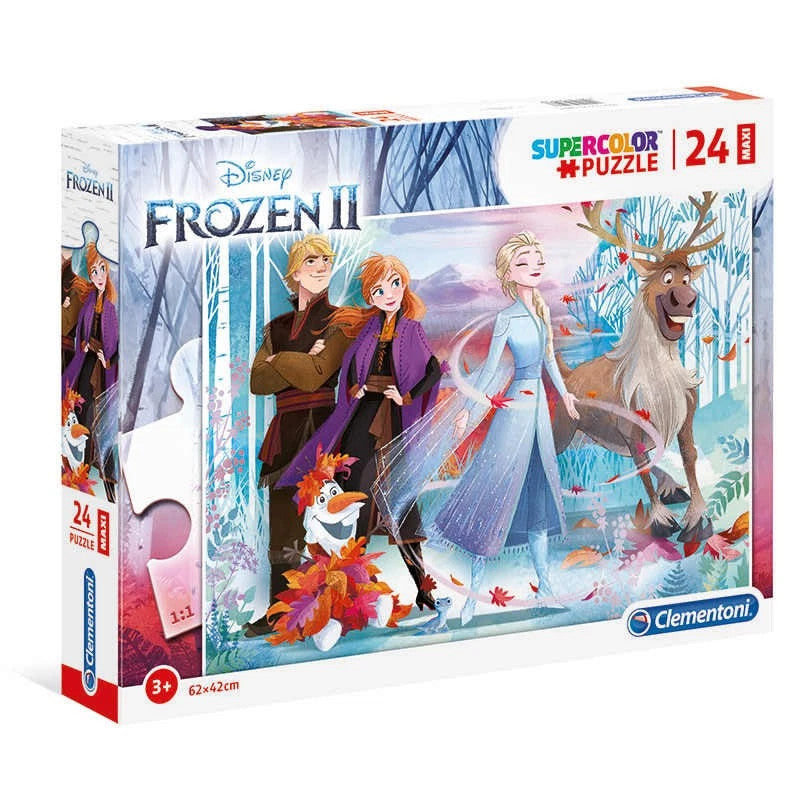 Puzzle Clementoni Supercolor Frozen II da 24 pezzi maxi, con l'immagine di Elsa, Anna, Kristoff, Olaf e Sven e un pezzo in primo piano in scala reale