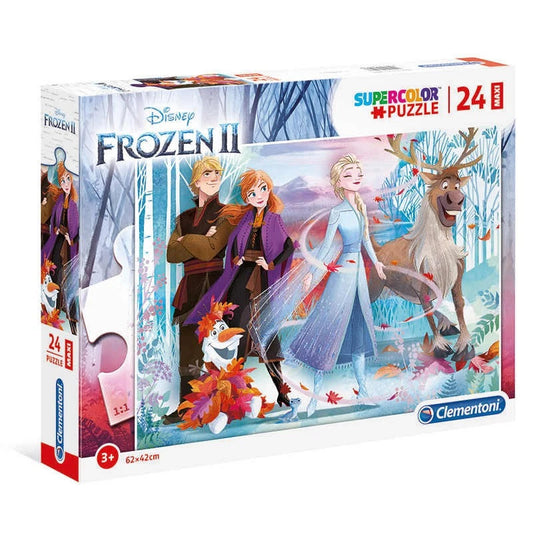 Puzzle Clementoni Supercolor Frozen II da 24 pezzi maxi, con l'immagine di Elsa, Anna, Kristoff, Olaf e Sven e un pezzo in primo piano in scala reale