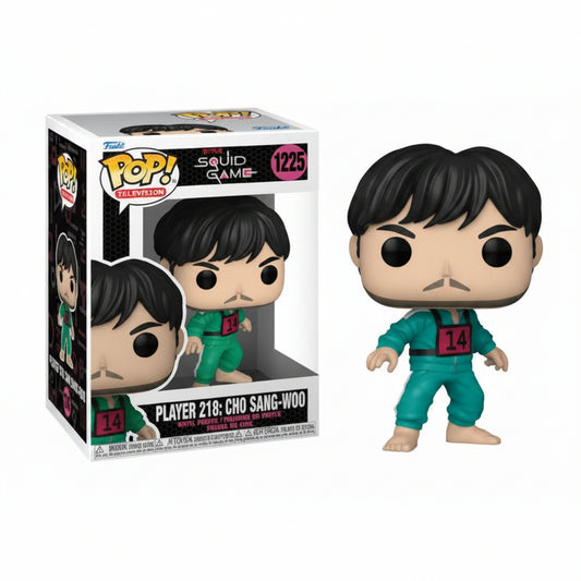 Funko Pop! Television Squid Game n. 1225 raffigurante Player 218: Cho Sang-Woo in tuta verde da concorrente con numero 14, accompagnato dalla sua scatola da collezione con finestra