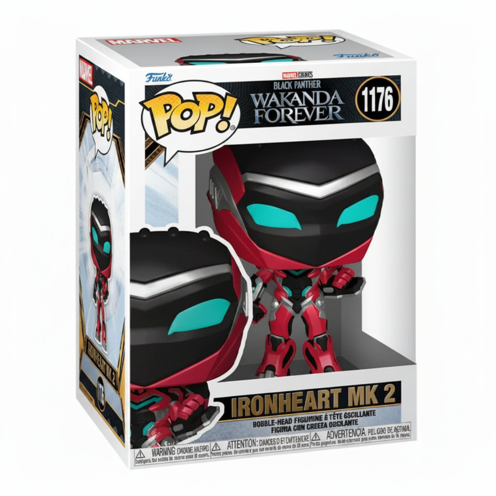 Funko Pop! Marvel Black Panther Wakanda Forever n. 1176 raffigurante Ironheart Mk 2 in armatura rossa e nera con visiera azzurra, accompagnato dalla scatola da collezione con finestra