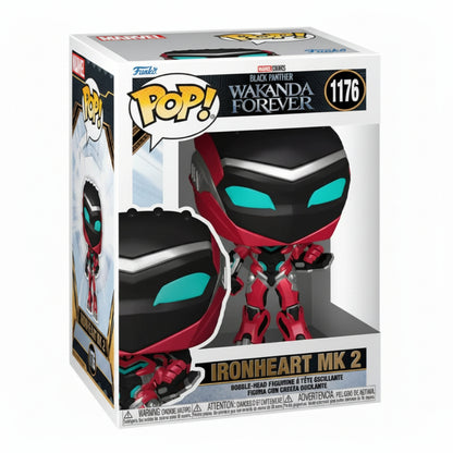 Funko Pop! Marvel Black Panther Wakanda Forever n. 1176 raffigurante Ironheart Mk 2 in armatura rossa e nera con visiera azzurra, accompagnato dalla scatola da collezione con finestra