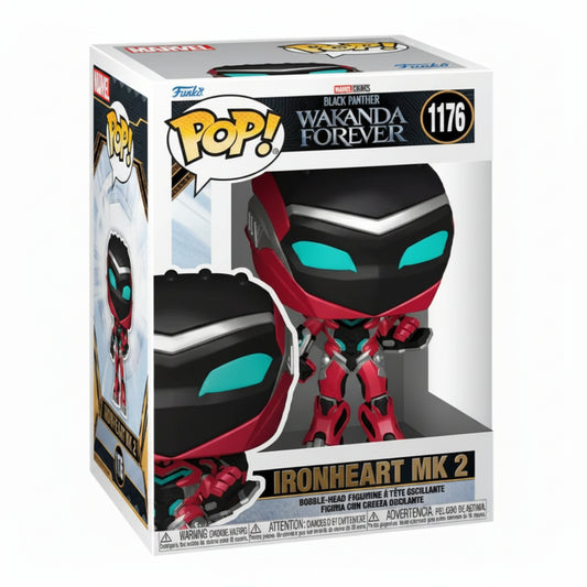 Funko Pop! Marvel Black Panther Wakanda Forever n. 1176 raffigurante Ironheart Mk 2 in armatura rossa e nera con visiera azzurra, accompagnato dalla scatola da collezione con finestra