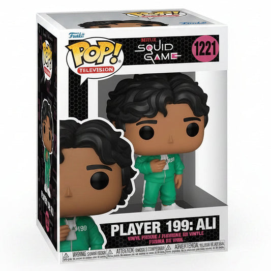 Funko Pop! Television Squid Game n. 1221 raffigurante Player 199: Ali in tuta verde da concorrente, accompagnato dalla sua scatola da collezione con finestra