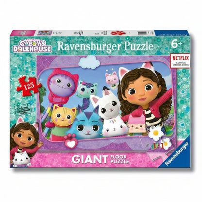 Puzzle Ravensburger Gabby's Dollhouse da 125 pezzi, con l'immagine di Gabby e i gattini e la scatola originale in primo piano