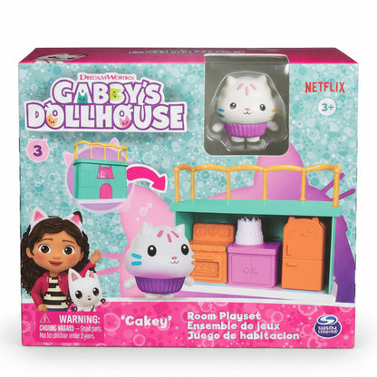 Confezione del playset Gabby's Dollhouse Cakey Cat Room di Spin Master con il personaggio di Cakey Cat, la stanza della cucina giocattolo e mobili in miniatura