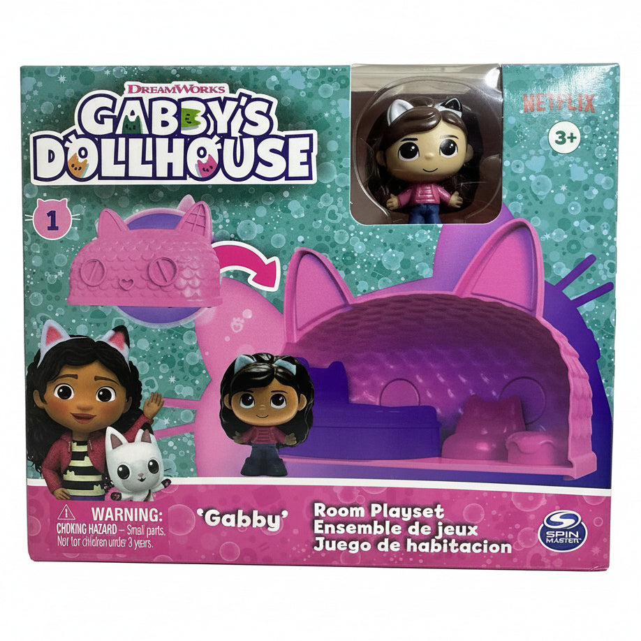 Confezione del playset Gabby's Dollhouse Gabby Room di Spin Master con il personaggio di Gabby, la stanza da letto giocattolo viola a forma di gatto e accessori in miniatura
