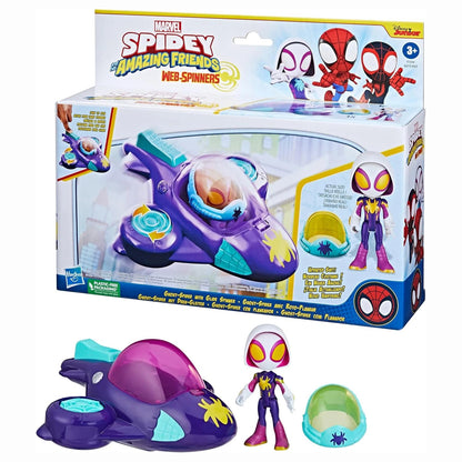 Confezione e contenuto del set Ghost-Spider Web-Spinners con veicolo Glide Spinner, casco e action figure marca Hasbro con licenza Marvel Spidey