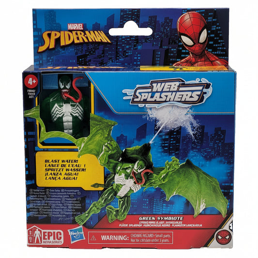 Confezione dell'action figure Green Symbiote Web Splashers con funzione spruzzi d'acqua marca Hasbro con licenza Marvel Spider-Man