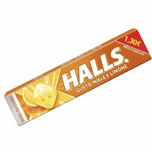 Stick di caramelle balsamiche Halls Miele e Limone Senza Zucchero con grafica di limone e gocce di miele su sfondo chiaro