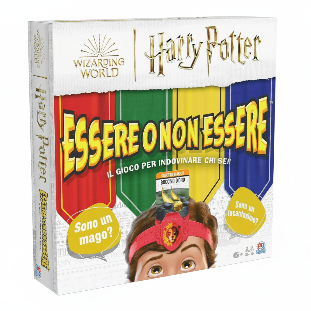 Confezione del gioco da tavolo Wizarding World Harry Potter Essere o Non Essere di Editrice Giochi con la fascetta per la testa, la carta del Boccino d'Oro e i colori delle case di Hogwarts