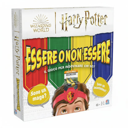 Confezione del gioco da tavolo Wizarding World Harry Potter Essere o Non Essere di Editrice Giochi con la fascetta per la testa, la carta del Boccino d'Oro e i colori delle case di Hogwarts