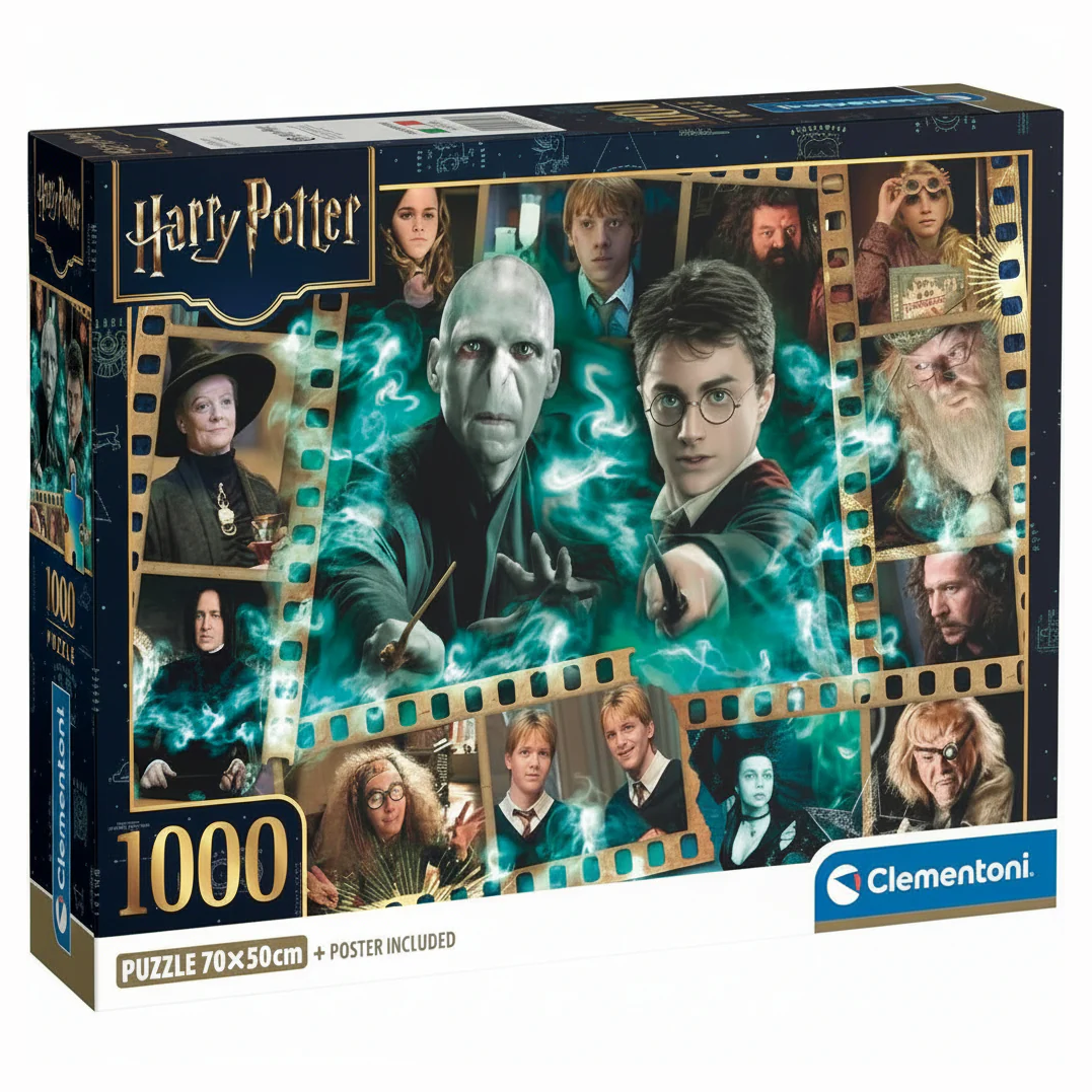 Confezione del puzzle Clementoni da 1000 pezzi di Harry Potter con grafica dei personaggi della saga all'interno di una pellicola cinematografica e indicazione delle dimensioni 70x50 cm