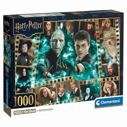 Confezione del puzzle Clementoni da 1000 pezzi di Harry Potter con grafica dei personaggi della saga all'interno di una pellicola cinematografica e indicazione delle dimensioni 70x50 cm