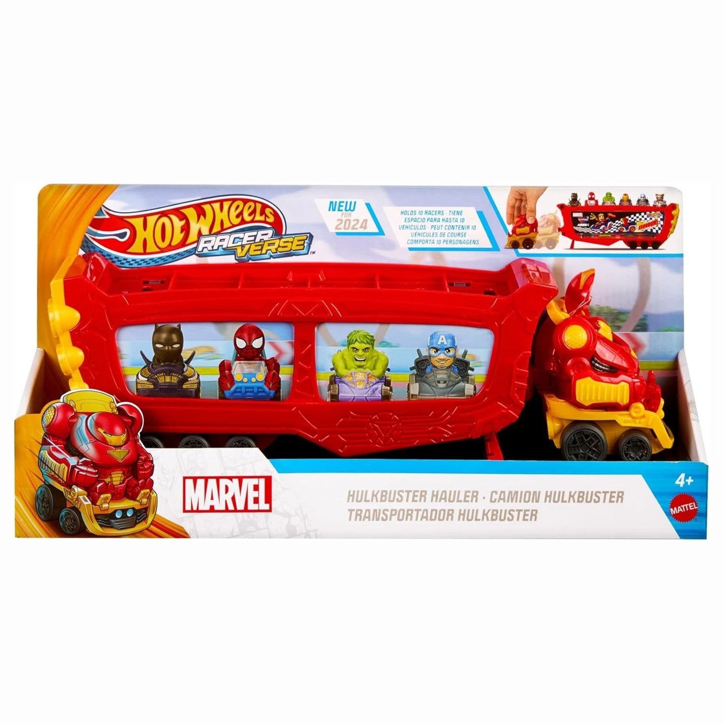Confezione del camion trasportatore Hot Wheels RacerVerse Marvel Hulkbuster Hauler di Mattel, con il veicolo rosso e oro e finestrelle che mostrano i personaggi Marvel all'interno