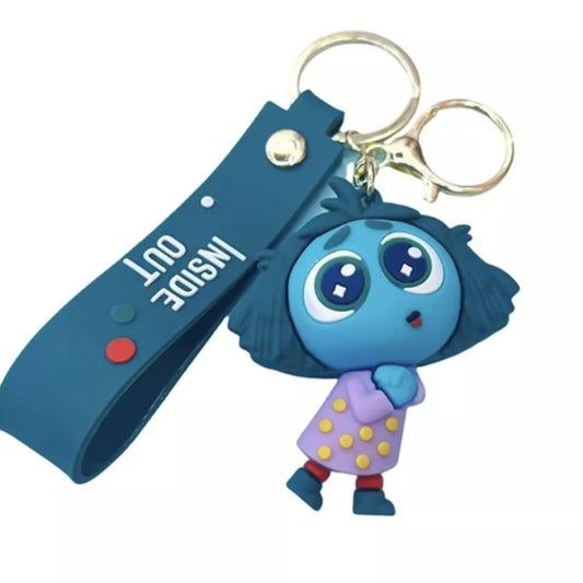 Portachiavi in gomma blu teal Inside Out con il personaggio Ansia, anelli metallici dorati e cinturino coordinato con scritta su sfondo bianco