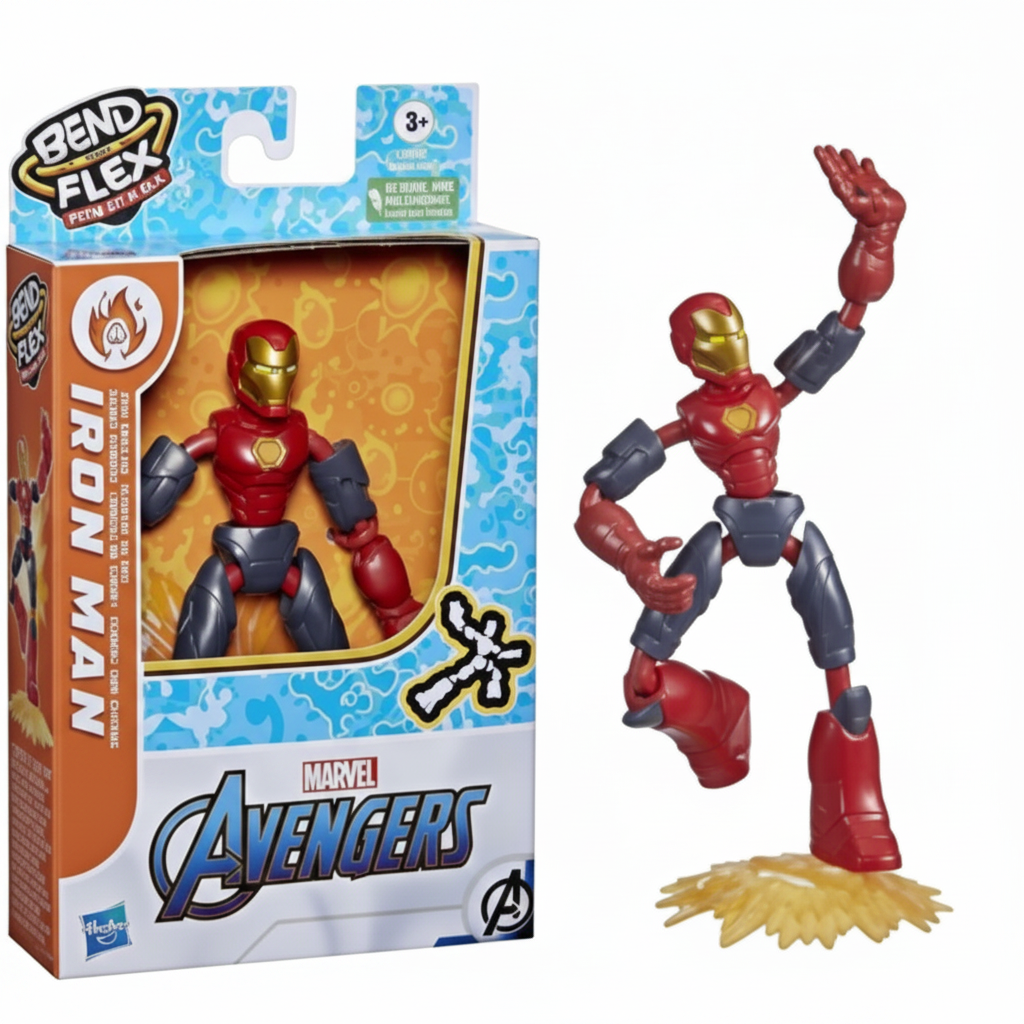 Confezione e action figure flessibile Marvel Avengers Bend and Flex Iron Man di Hasbro, in posa dinamica sulla sua base di supporto con scatola originale