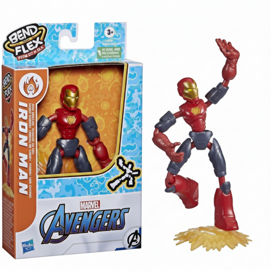 Confezione e action figure flessibile Marvel Avengers Bend and Flex Iron Man di Hasbro, in posa dinamica sulla sua base di supporto con scatola originale