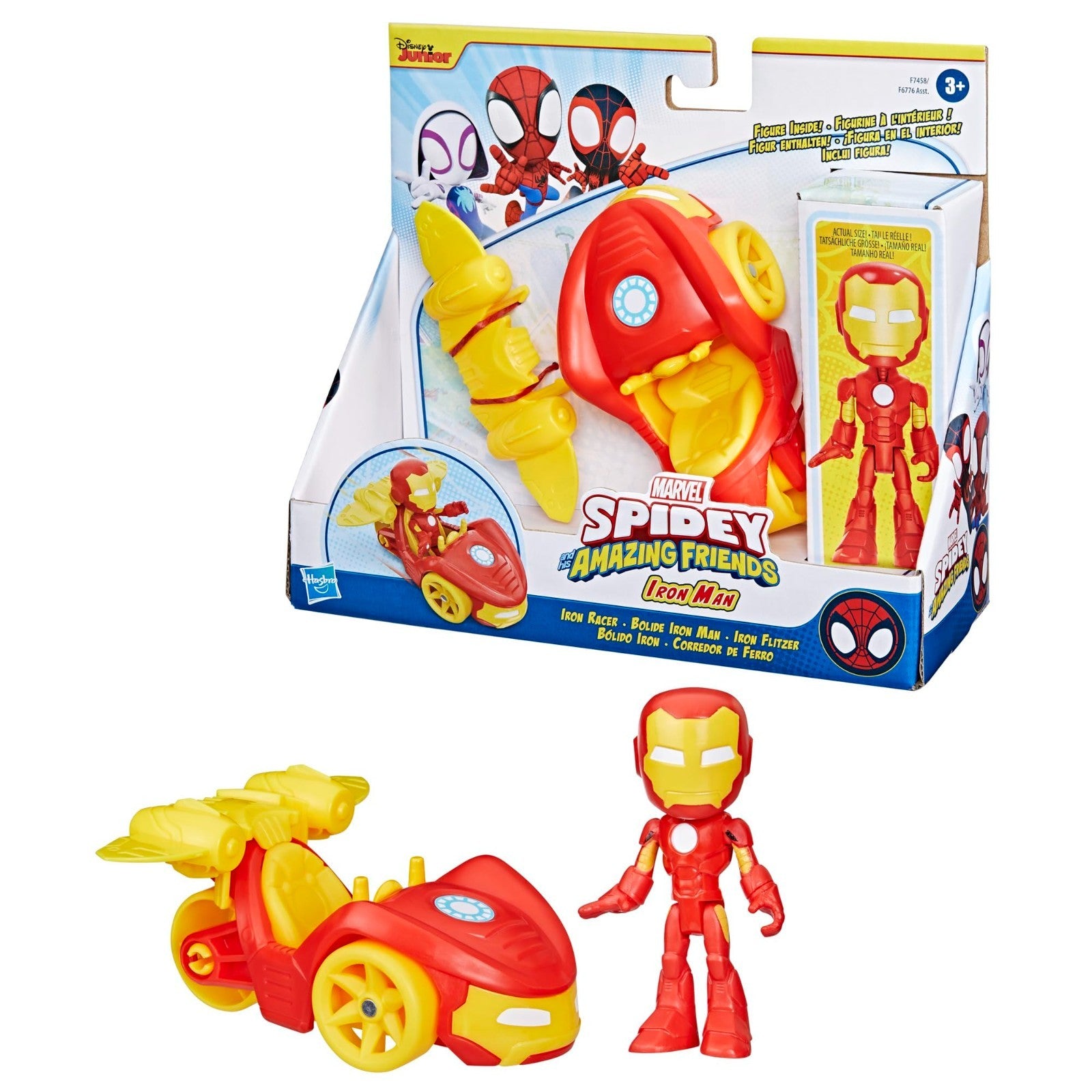 Confezione e contenuto del set Iron Man Iron Racer con veicolo sportivo rosso e giallo e action figure marca Hasbro con licenza Marvel