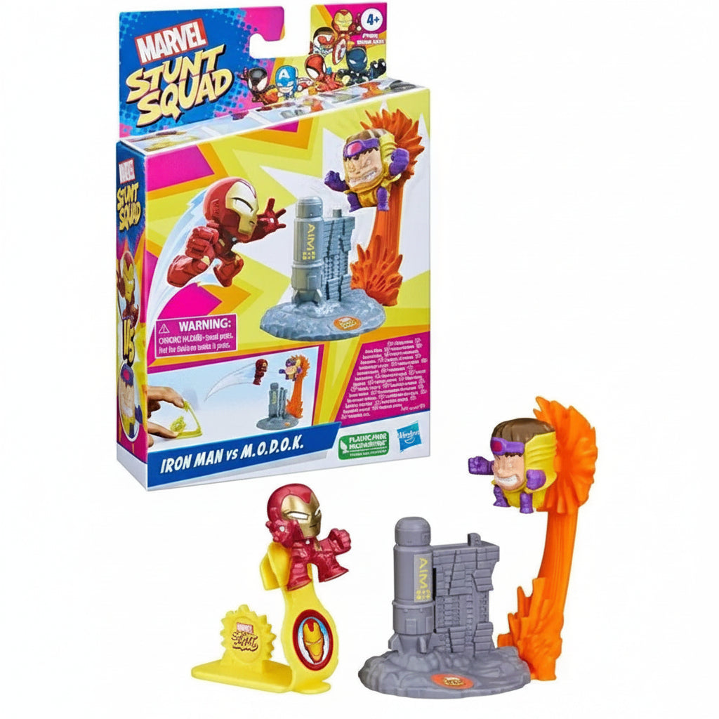Confezione e contenuto del set Marvel Stunt Squad Iron Man vs M.O.D.O.K. di Hasbro, con le mini figure dei personaggi, il lanciatore giallo e gli elementi scenografici dello scontro