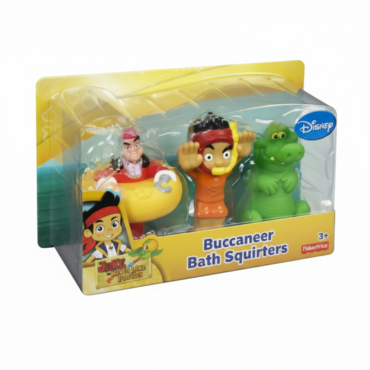 Confezione del set Disney Jake and the Never Land Pirates Buccaneer Bath Squirters di Fisher-Price con tre personaggi spruzzini da bagno inclusi
