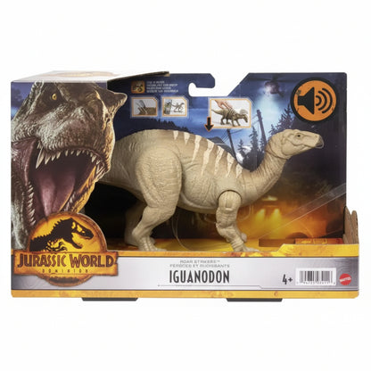 Confezione del dinosauro giocattolo Jurassic World Dominion Roar Strikers Iguanodon di Mattel con funzione sonora e scatola originale con finestra