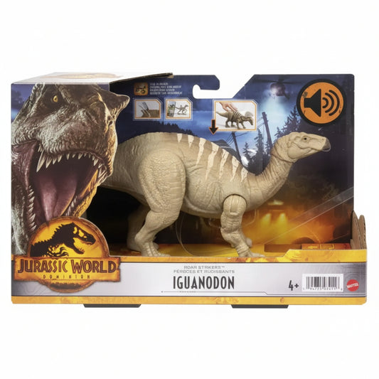 Confezione del dinosauro giocattolo Jurassic World Dominion Roar Strikers Iguanodon di Mattel con funzione sonora e scatola originale con finestra
