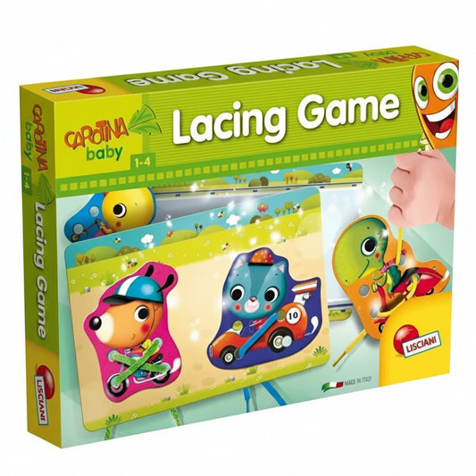 Confezione del gioco educativo Carotina Baby Lacing Game di Lisciani con sagome di animali colorati da infilare e scatola originale verde e gialla