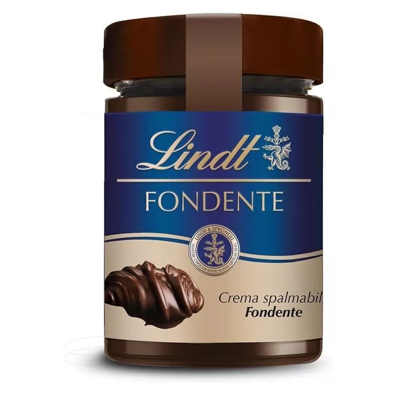 Vasetto di vetro di crema spalmabile Lindt Fondente con etichetta blu e marrone e ricciolo di cioccolato su sfondo bianco