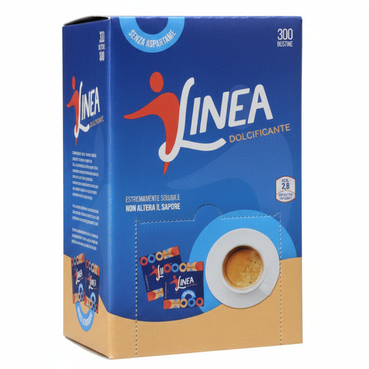 Confezione dispenser blu e beige di dolcificante Linea da 300 bustine con immagine di una tazzina di caffè su sfondo bianco