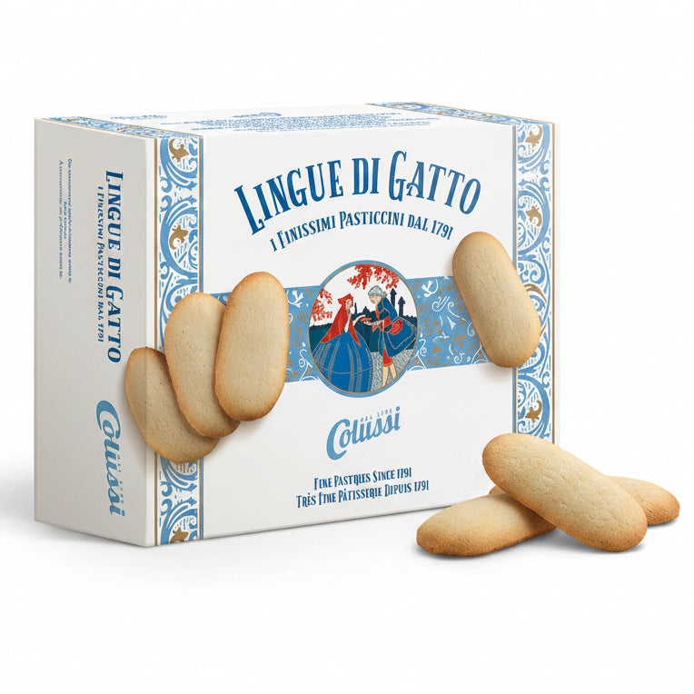 Confezione di Lingue di Gatto Colussi con biscotti tradizionali e grafica vintage blu e bianca su sfondo bianco