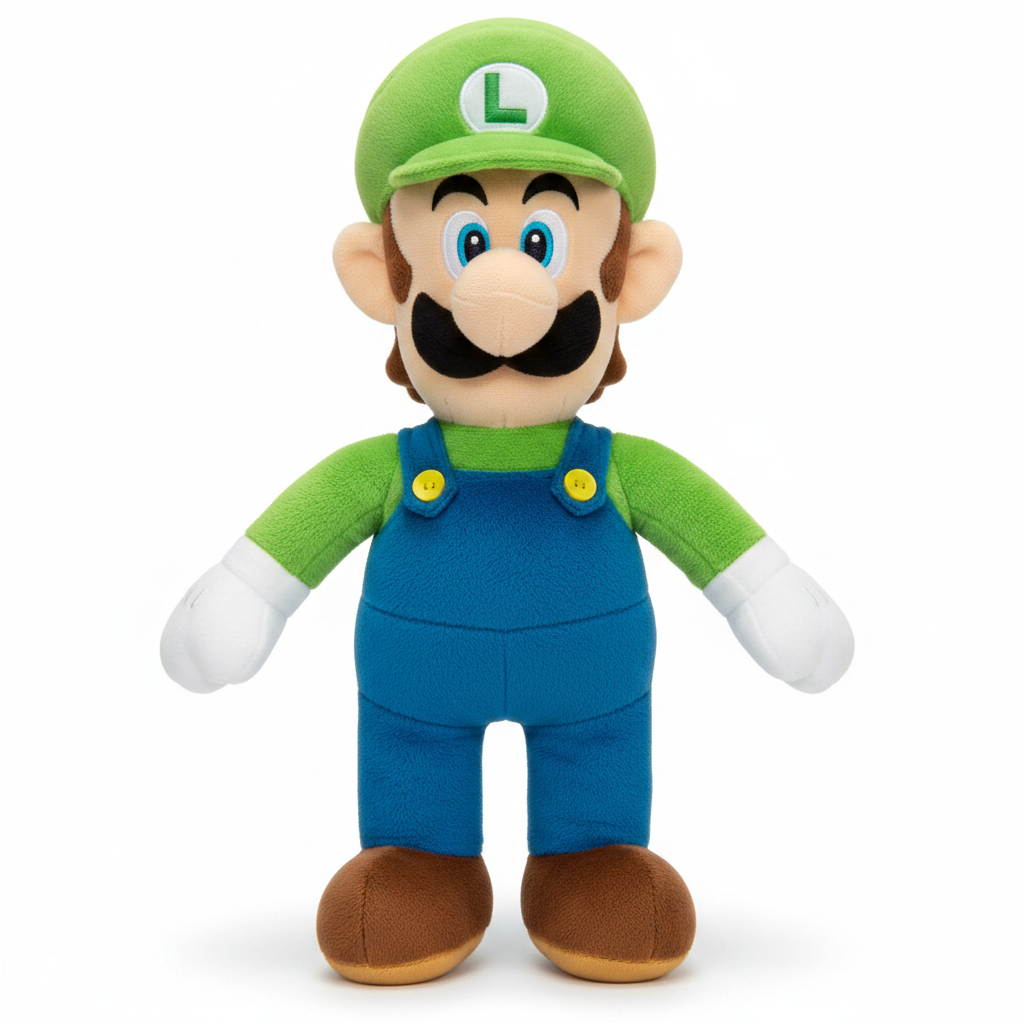 Peluche morbido di Luigi con cappello verde con la lettera L, maglia verde e tuta blu su sfondo bianco