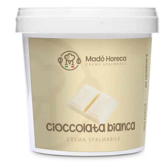 Secchiello professionale bianco di crema spalmabile alla Cioccolata Bianca Madò Horeca con etichetta beige e quadratini di cioccolato bianco su sfondo bianco