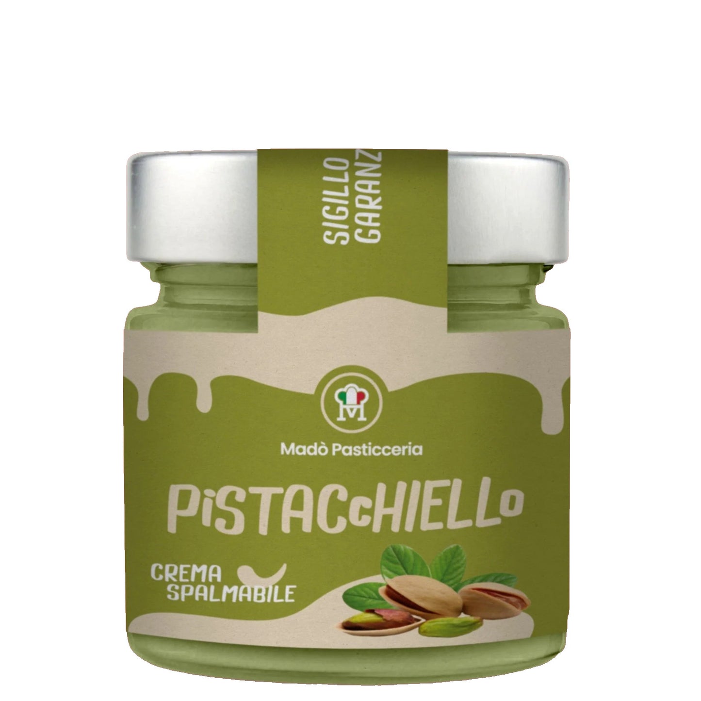 Vasetto di vetro di crema spalmabile al pistacchio Pistacchiello Madò Pasticceria con etichetta verde e pistacchi freschi su sfondo bianco