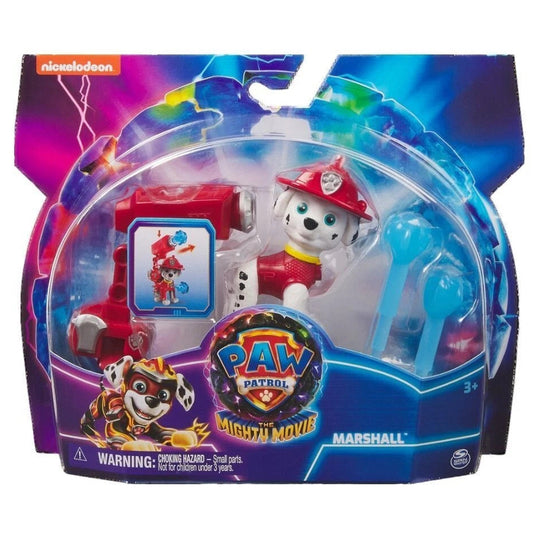 Confezione dell'action figure di Marshall da Paw Patrol The Mighty Movie di Spin Master, con la statuetta del cucciolo pompiere e i suoi accessori con proiettili blu inseriti nella scatola originale a tema cinematografico