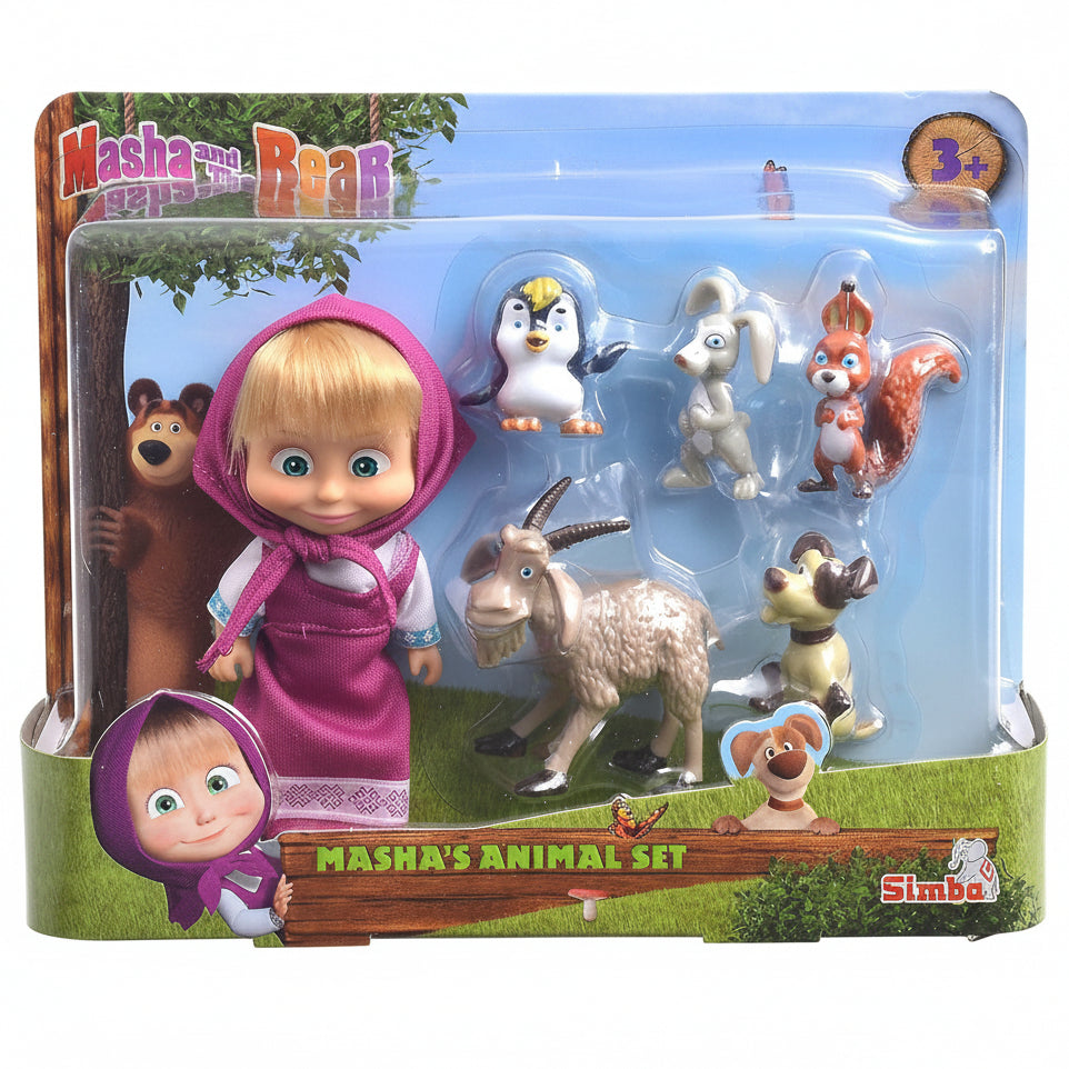 Confezione del set Masha e Orso Masha's Animal Set di Simba, con la bambola di Masha e le statuine di vari animaletti del bosco inclusi nella scatola originale