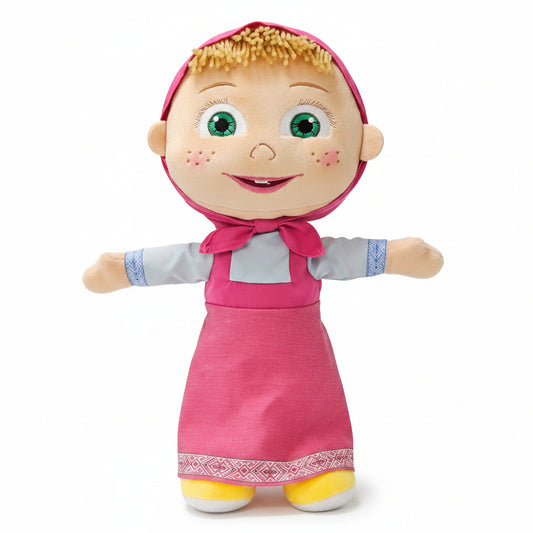 Peluche di Masha della serie Masha e Orso, raffigurata in piedi con il suo classico vestito e fazzoletto rosa, scarpe gialle e braccia aperte