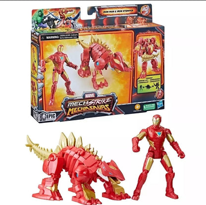 Confezione e contenuto del set Marvel Mech Strike Mechasaurs Iron Man & Iron Stomper di Hasbro, con l'action figure di Iron Man e il dinosauro meccanico rosso e oro