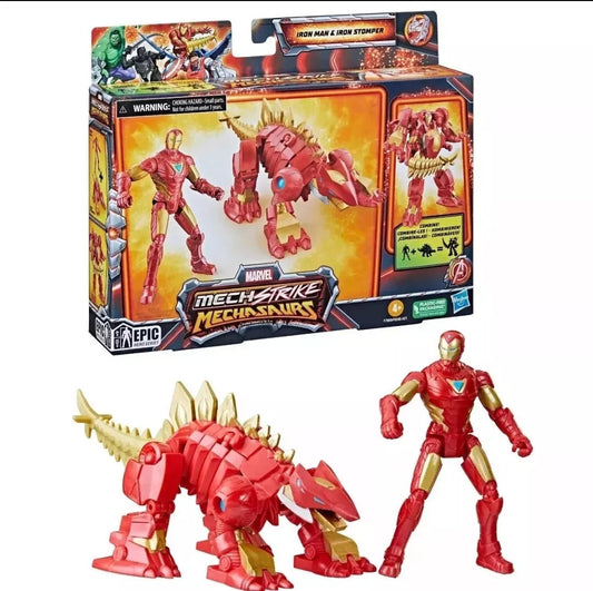 Confezione e contenuto del set Marvel Mech Strike Mechasaurs Iron Man & Iron Stomper di Hasbro, con l'action figure di Iron Man e il dinosauro meccanico rosso e oro
