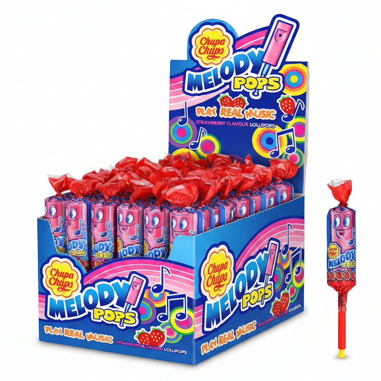 Chupa Chups Melody Pops Fragola - Box Espositore con Lecca Lecca Fischietto Musicale