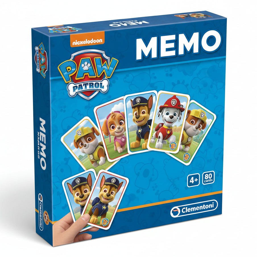 Confezione del gioco da tavolo Paw Patrol Memo di Clementoni, con la scatola blu decorata con le immagini di Skye, Rubble, Marshall e Chase e l'indicazione di 80 carte per bambini dai 4 anni in poi