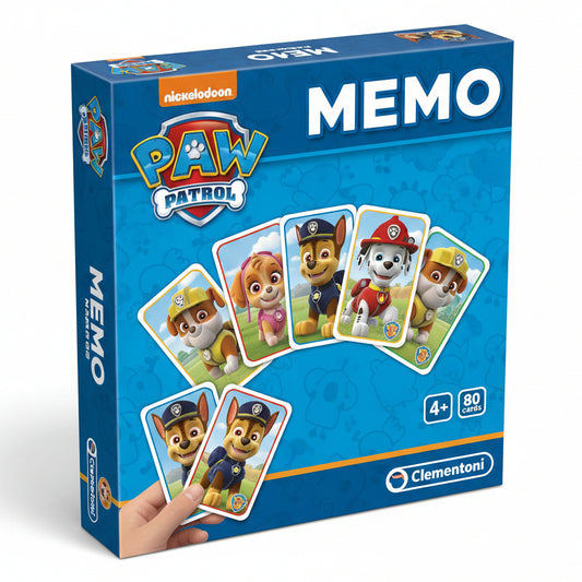 Confezione del gioco da tavolo Paw Patrol Memo di Clementoni, con la scatola blu decorata con le immagini di Skye, Rubble, Marshall e Chase e l'indicazione di 80 carte per bambini dai 4 anni in poi