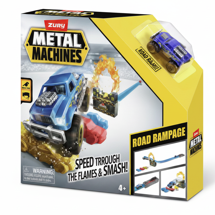 Confezione del set Zuru Metal Machines Road Rampage con la pista d'acrobazie, il cerchio di fuoco e la macchinina blu inclusa nella scatola originale gialla