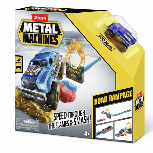 Confezione del set Zuru Metal Machines Road Rampage con la pista d'acrobazie, il cerchio di fuoco e la macchinina blu inclusa nella scatola originale gialla